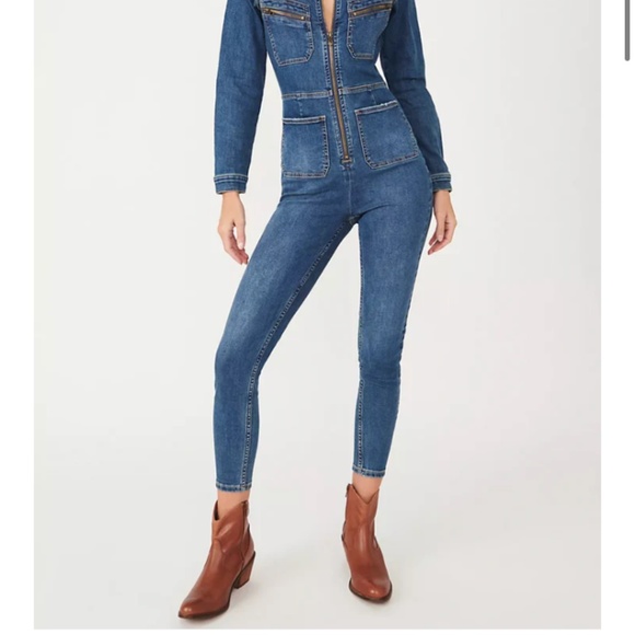 FP Lennox Racer Jumpsuit Utility Jean Denim Zip zip M Med Pockets - Picture 4 of 15